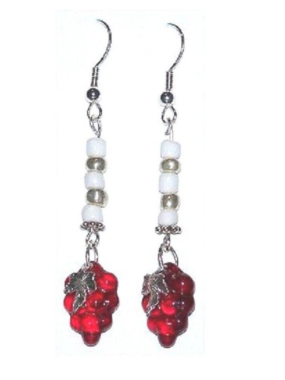 Earrings Small Red Glass Grape Cluster White and Silver Bead Sterling Wire 2"